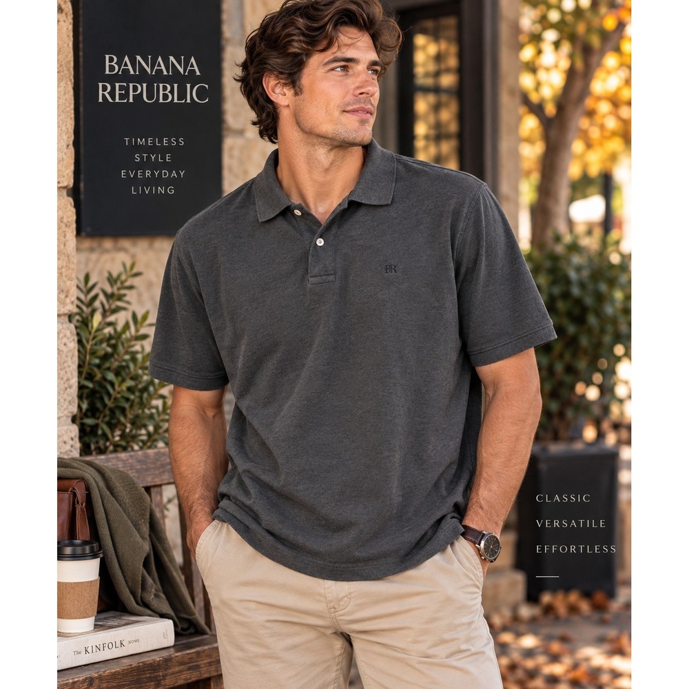 Banana Republic XXL Polo Shirt Charcoal Gray Organic Cotton Tonal Logo Preppy